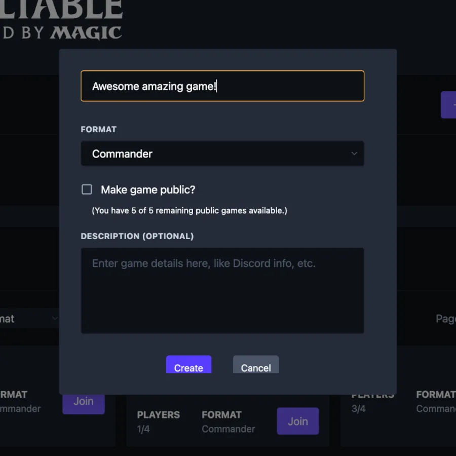 Spelltable Create Game Popup