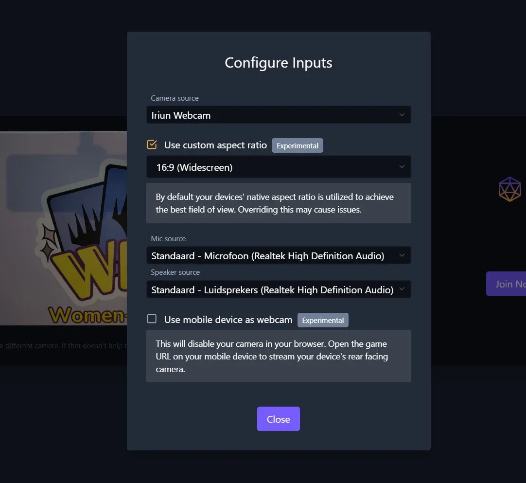 Spelltable Input Instellingen